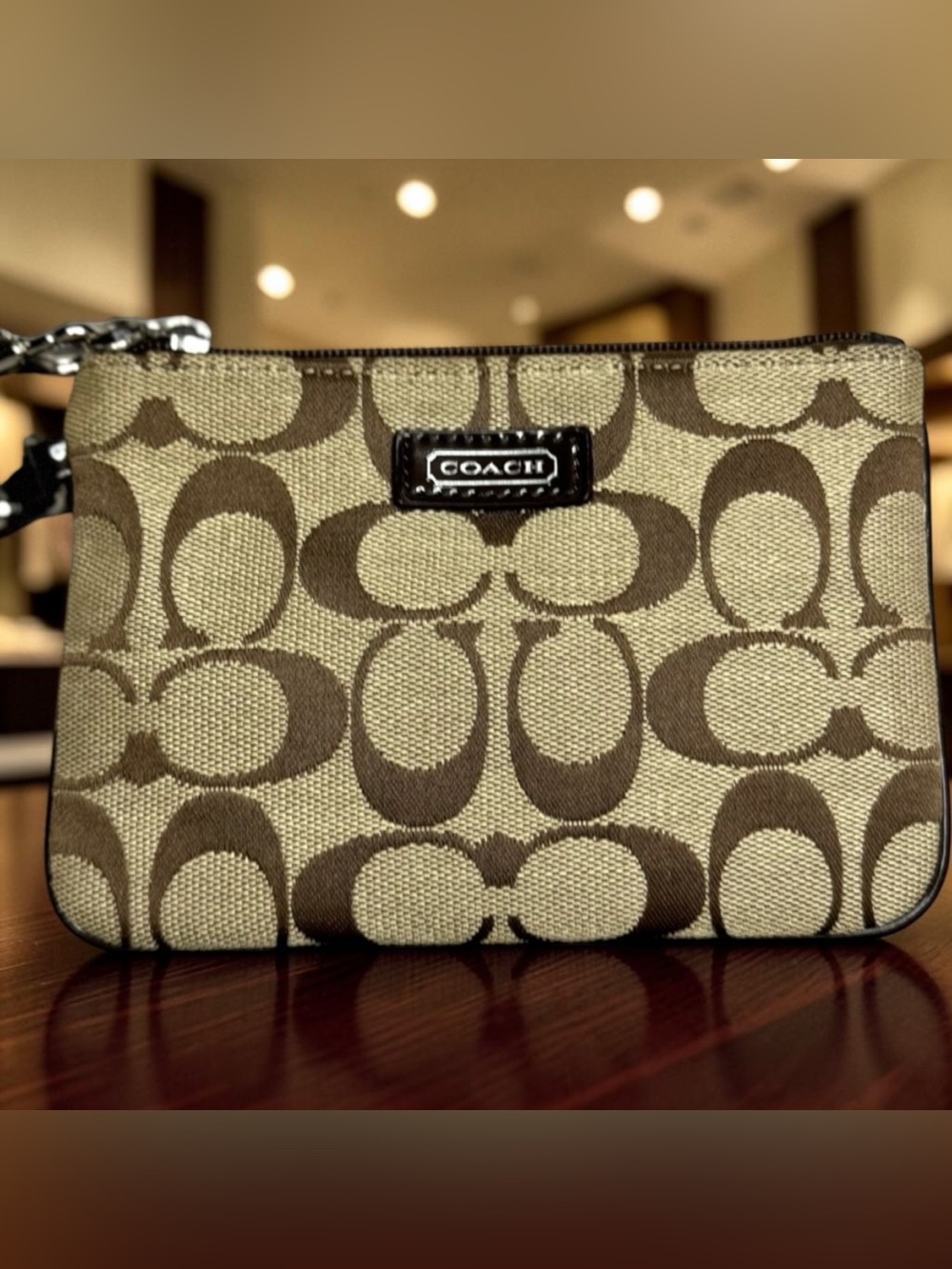 Coach Brown & Tan Signature C Wristlet. Patent Leather Strap & Edging 6” x 4”